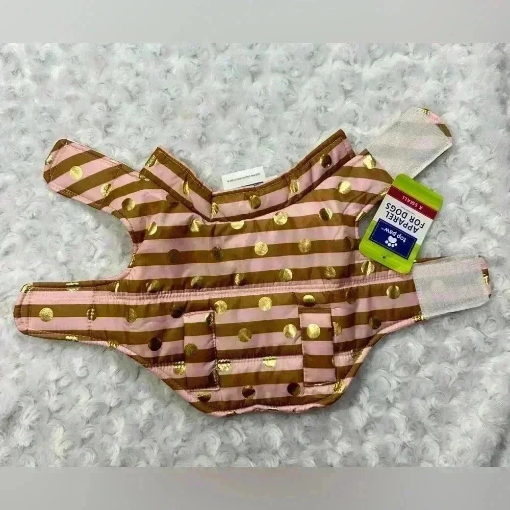 Top Paw Pink Gold Polka Dot Striped Dog Puffer Jacket‎ XS